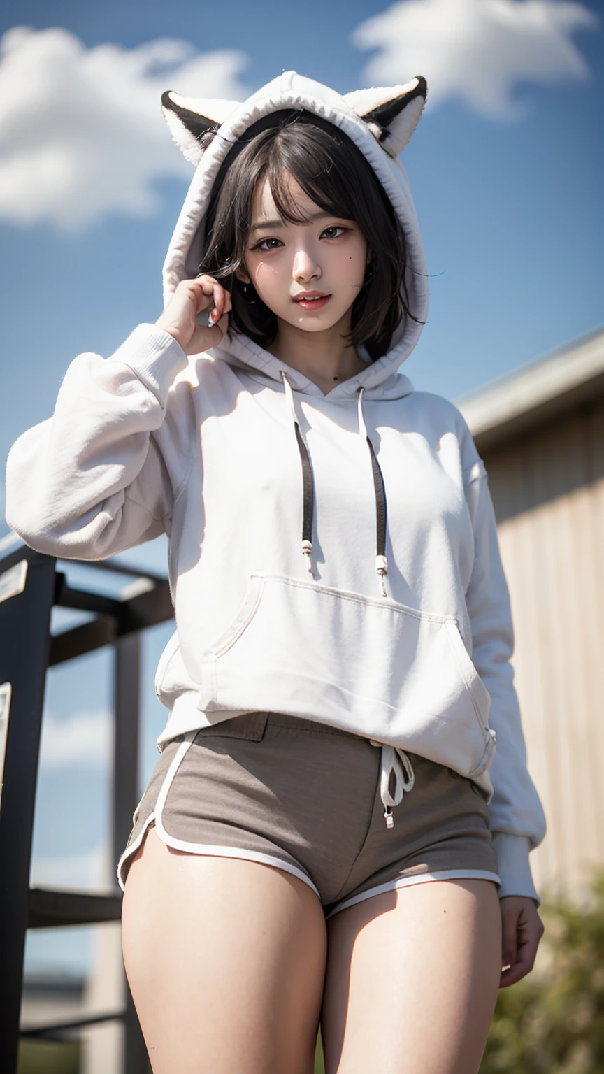 masterpiece、Highest quality、Best image quality、Woman with a height of 165 cm、Super Short Hair、Natural Makeup、Eyelash extensions、Draw eyelashes sharply、Show your teeth and smile happily、(Stand with your whole body facing the viewer:1.5)、Japanese 、Commemorative photo in the schoolyard、(Clothes with simple designs、Oversized white hoodie:1.5)、(Fitted white dolphin shorts:1.3)、(Camel Toe:1.3)、Blur the background、(Cowboy Shot:1.3)、(View the subject from below:1.3)