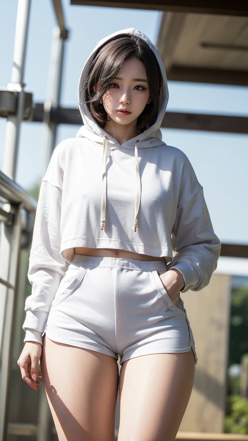 masterpiece、Highest quality、Best image quality、Woman with a height of 165 cm、Super Short Hair、Natural Makeup、Eyelash extensions、Draw eyelashes sharply、Show your teeth and smile happily、(Stand with your whole body facing the viewer:1.5)、Japanese 、Commemorative photo in the schoolyard、(Clothes with simple designs、Oversized white hoodie:1.5)、(Fitted white dolphin shorts:1.3)、(Camel Toe:1.3)、Blur the background、(Cowboy Shot:1.3)、(View the subject from below:1.3)