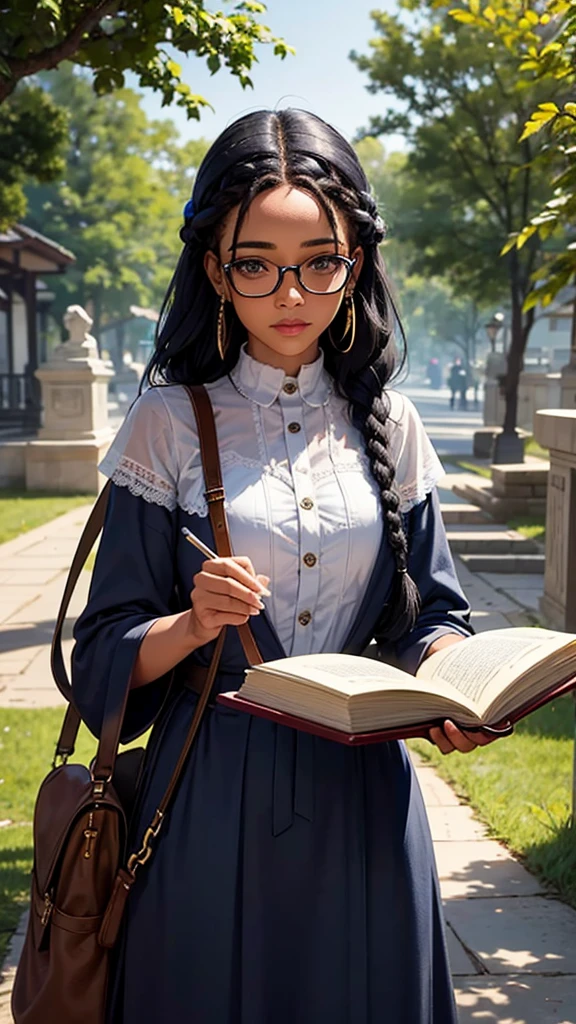 uma garota negra, with dark blue braids, who wears glasses, carrying books, in witch uniform
