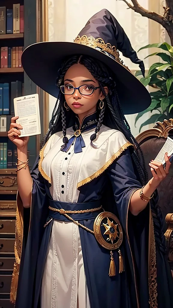 uma garota negra, with dark blue braids, who wears glasses, carrying books, in witch uniform