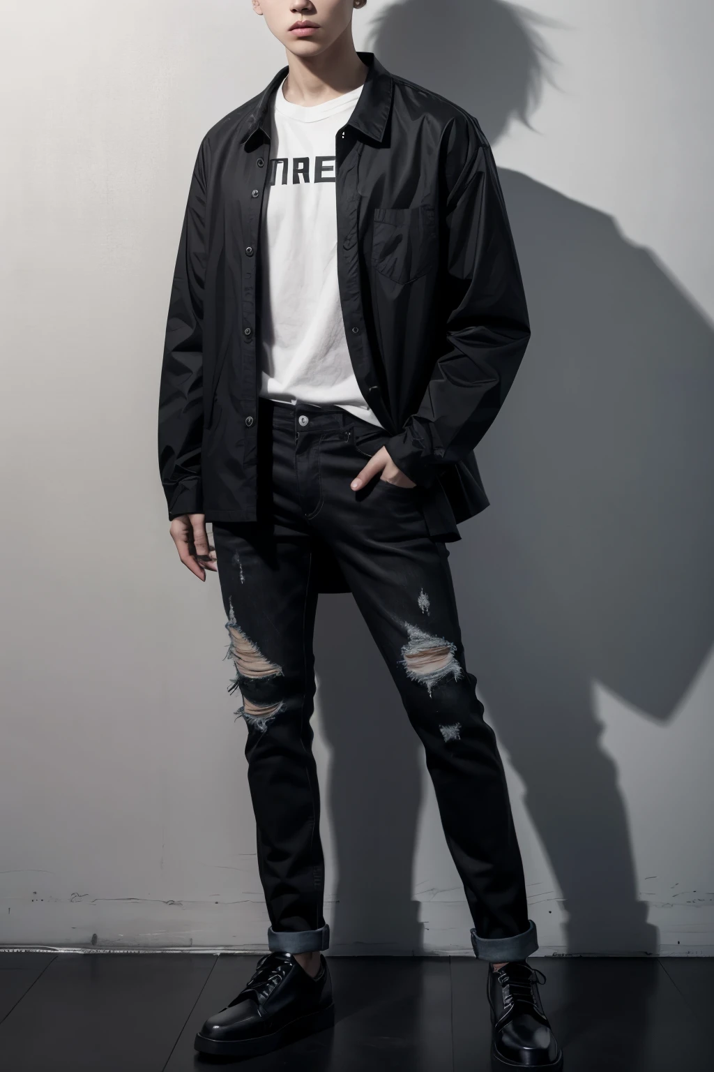 Full body character, looking to the side, black hair, black eyes, black long-sleeved shirt, jeans, black shoes, white background, Male gender, short hair, serious look.