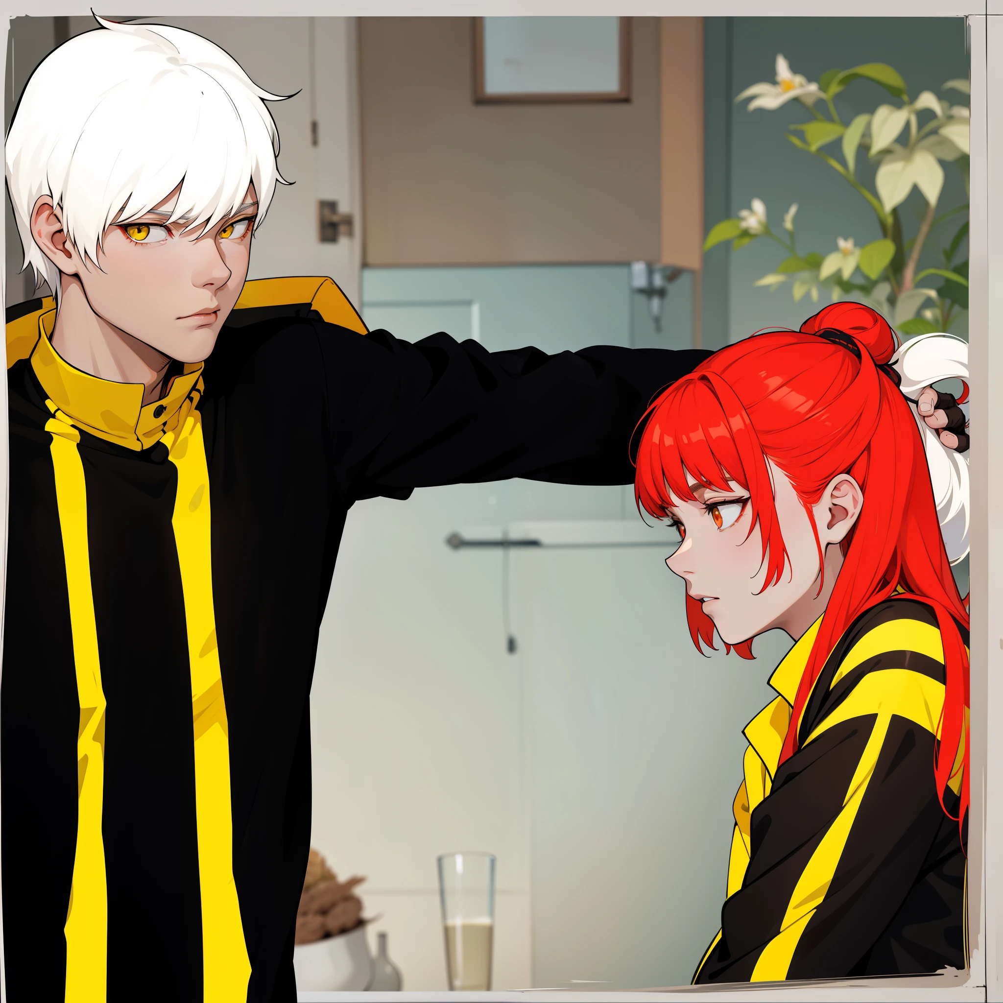 There is a boy with white hair, yellow eyes and a girl with red hair and red eyes, they are talking seriously, worried about an important delicate topic.