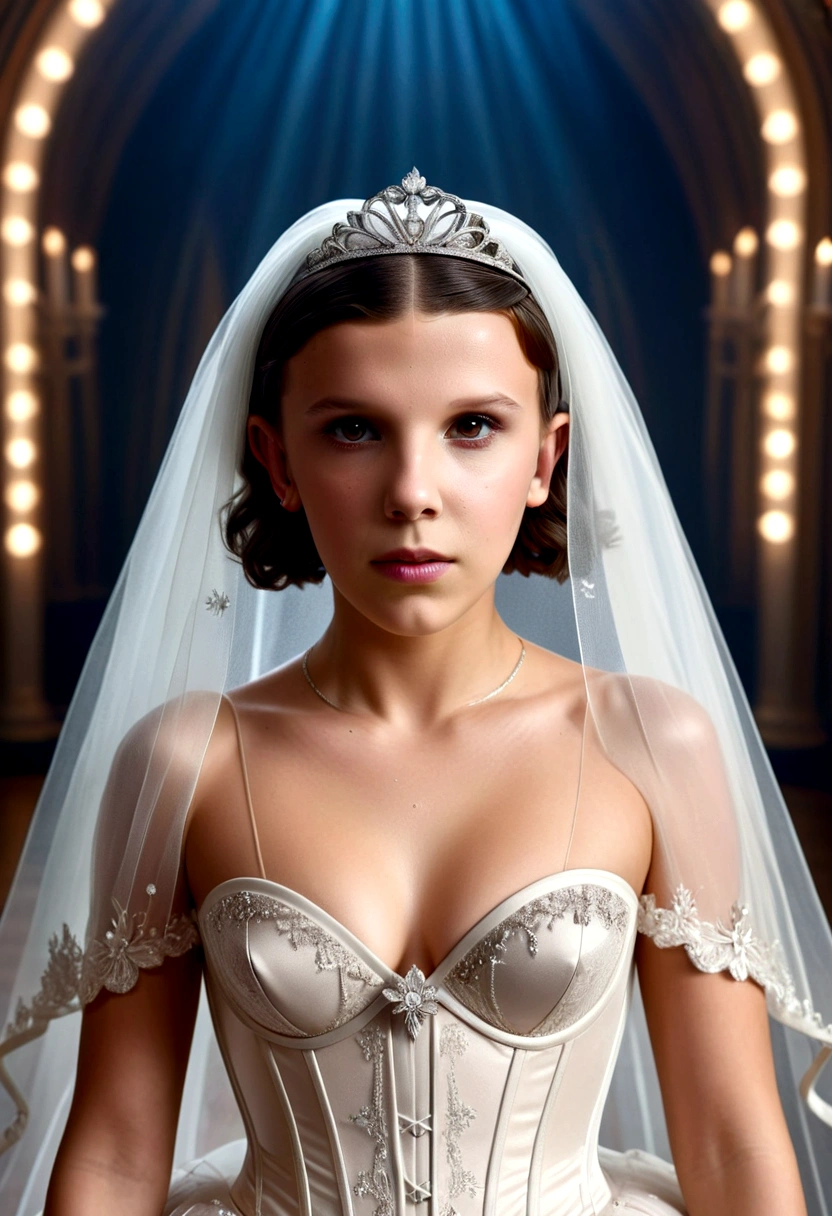 Millie Bobby Brown, wearing nude veil bride tiara corset costume transparent. professionally retouched, soft lighting, realistic, smooth face, perfect eyes, sharp focus on eyes, 8 k, high definition, insanely detailed, intricate, elegant. be in the bedroom.