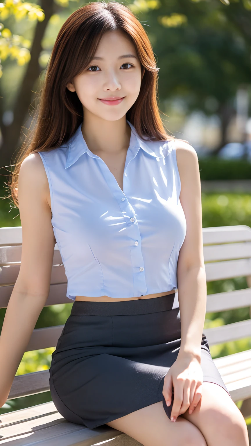 Japanese office lady、Sleeveless Shirt、lunch、sitting on a park bench、smile、Tight mini skirt、masterpiece,best quality,ultra detailed,highres,high-resolution,4K,realistic,RAW photo,((real person)),portrait photography,photorealistic,detailed skin,(delicate black eyes ), A soothing woman with sagging eyes,Calm and calm, middle hair,skinny,clothing,The wind is blowing,tareme、Beautiful legs、Small shirt、Panty shot、((Knees are higher than hips))、White shorts、Bend your knees、Knee Up、(huge breasts)、Her shirt was about to burst because of her large bust