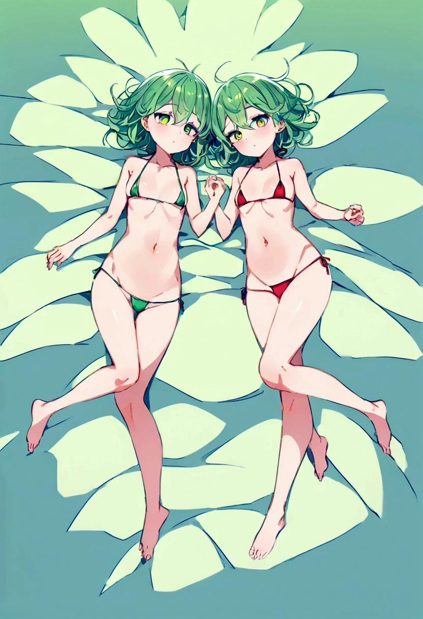 Green Hair、Micro Bikini、Sharp eyes、bed、Full body view、Lying on your back