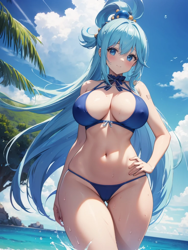 (masterpiece, Best quality: 1.2), One, 1 girl, Konosuba ,Water, cheerful face, smiling, looks at the viewer, Hands on hips, Hair rings, blue bikinis, thong, wet clothes, chest cutout, transparent clothes, torn clothes, wet clothes, swimsuit half dressed, bare legs, bare hands, You can see the navel, huge breasts,big breasts, middle thighs, beach, Sea