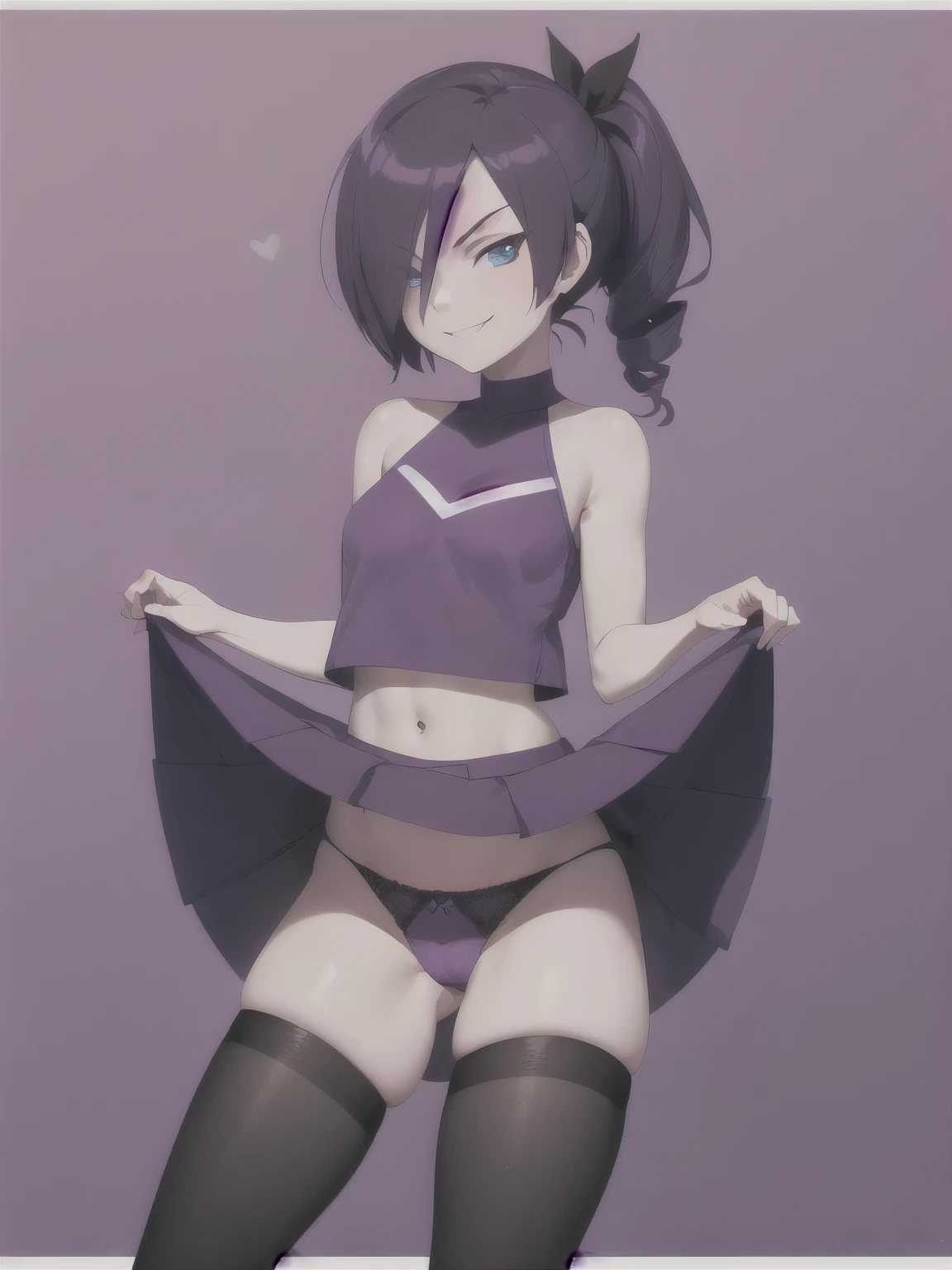 masterpiece, best quality, 1girl, zonetan, full body, blue eyes, hair over one eye, detailed face, detailed eyes, drill hair, purple long hair, bare shoulders, boots, purple crop top, short purple cheerleader skirt, skirt lift, panties showing, purple panties, exposed belly, holding purple and white cheerleader pom poms, (black stockings), (black thigh highs), solo, looking at viewer, smirk, cheering, standing, cameltoe, simple background