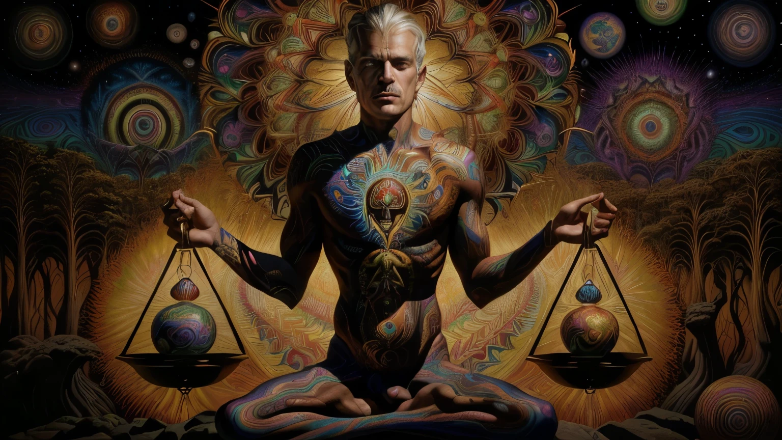 painting of a man with a scale and a heart in his hands, alex grey style, style of alex grey, Alex Grey Arte, dmt art, inspired por Alex Gray, dan mumford and alex grey style, Alex Gray e Tim Hildebrandt, psytrance art, morte to ego dmt, Alex Gray e Beksinski, por Alex Gray, Chris Dyer