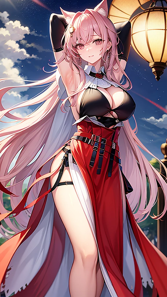 masterpiece, Highest quality:1.2),8K, 4K High Resolution, Super detailed, High-quality texture,High detail, High Quality Shadows, Beautiful and delicate face down to the last detail, Beautiful and delicate eyes、One Woman, alone、Very large 、Very large breastshick legs that make the chest very large、Are standing、Composition from the front、Look forward、Stand up straight,Looking into the camera、Draw a face、Depth of written boundary、smile、Show your armpits、Armpits Hands behind head