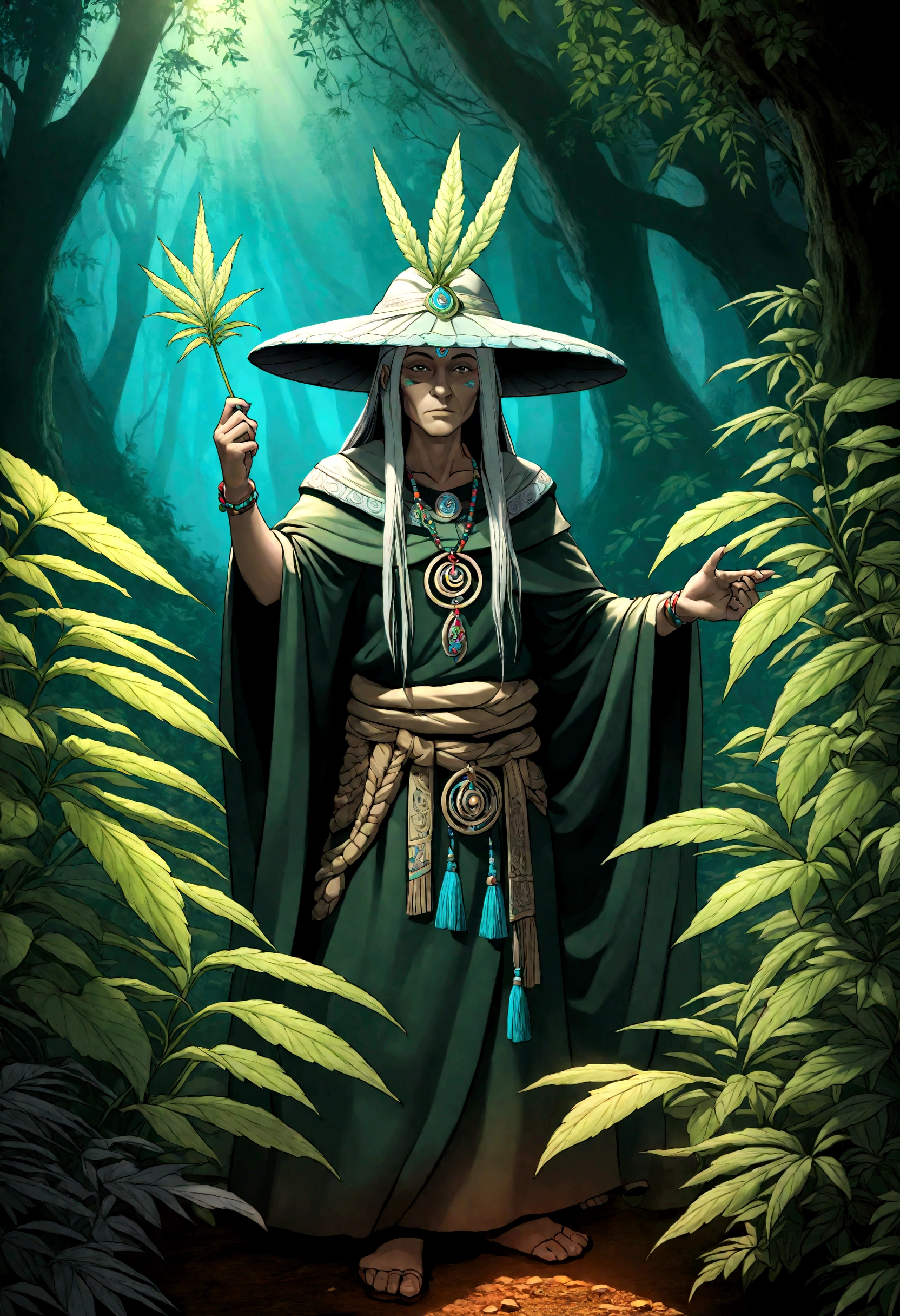 a mysterious old shaman, cannabis plantation, cannabis leaves, natural weed controller, mystical, a legend, (best quality,4k,8k,highres,masterpiece:1.2),ultra-detailed,(realistic,photorealistic,photo-realistic:1.37),intricate details, vibrant colors, dramatic lighting, chiaroscuro lighting, moody atmosphere, dark fantasy, cinematic composition, volumetric lighting, magical realism, mystical plants, mystical symbols, occult, esoteric, spiritual, shamanic, psychedelic, ethereal, surreal