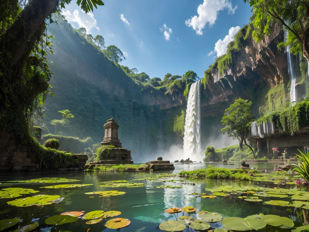 ((Top Quality)),((Excellent)),((High Resolution)),Ancient ruins found deep in the jungle,There is a large waterfall,Aquatic plants are floating in the pond,