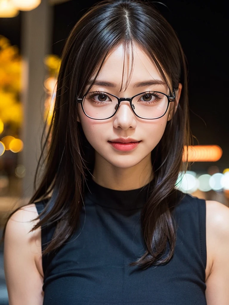 (8K、Raw photo、Highest quality、masterpiece:1.2)、(Realistic、Photorealistic:1.37)、Ultra-detailed、Ultra-high resolution、1 girl、Seeing the viewer、Beautifully detailed face、A smile with slightly visible teeth、narrow、(Slim waist) :1.3)、((Hard work clothes))、Pastel colored clothes、Beautifully detailed skin、Skin Texture、Floating Hair、((Fluffy Hairstyles))、Shapely large breasts、Professional Lighting、Autumn evening、In front of the station、((Black square glasses ))、Human whole body、Black Hair、((Embarrassing appearance))、Pay attention to your audience、