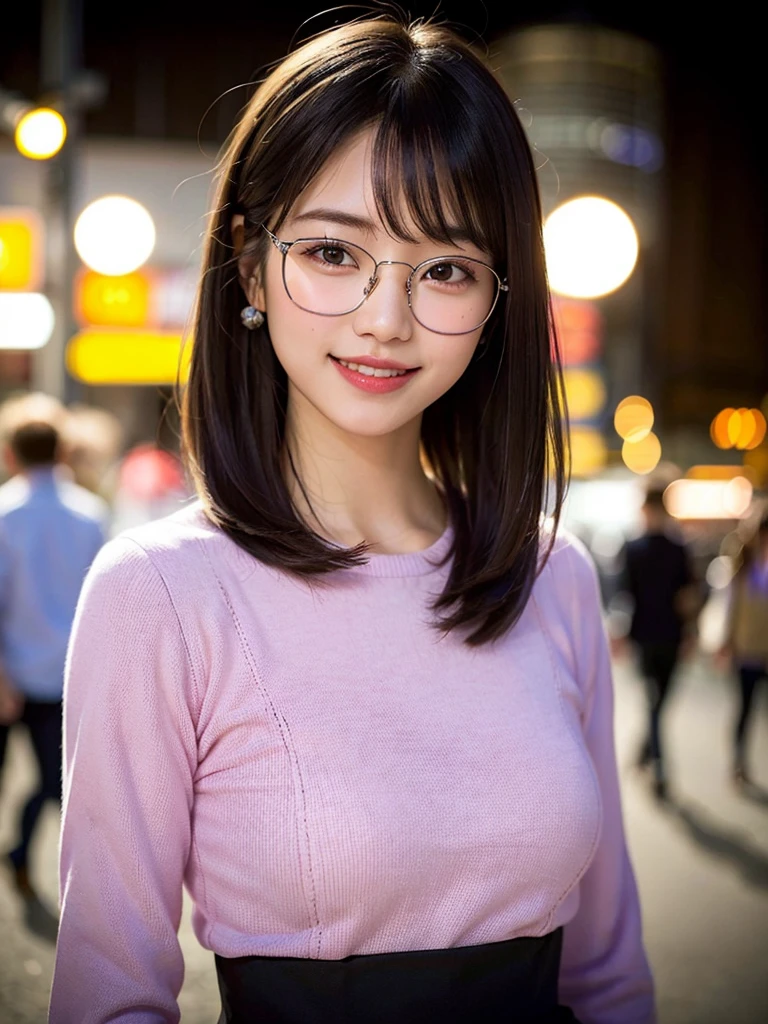 (8K、Raw photo、Highest quality、masterpiece:1.2)、(Realistic、Photorealistic:1.37)、Ultra-detailed、Ultra-high resolution、1 girl、Seeing the viewer、Beautifully detailed face、A smile with slightly visible teeth、narrow、(Slim waist) :1.3)、((Hard work clothes))、Pastel colored clothes、Beautifully detailed skin、Skin Texture、Floating Hair、((Fluffy Hairstyles))、Shapely large breasts、Professional Lighting、Autumn evening、In front of the station、((Black square glasses ))、Human whole body、Black Hair、((Embarrassing appearance))、Pay attention to your audience、