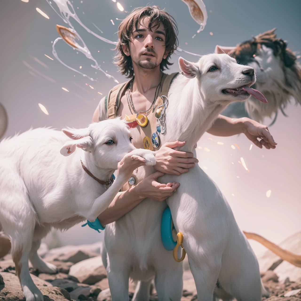 a white and tan jack Russell terrier named George ate all of his owner's psychedelic psilocybin mushrooms and now he finds himself tripping BALLS on a wacky wild adventure with his new best friend who happens to be a brown and white GOAT named Kevin, extreme detail, digital art, psychedelic firey, fire, photorealistic, whimsical, colourful lighting, wide angle lens, slow shutter speed