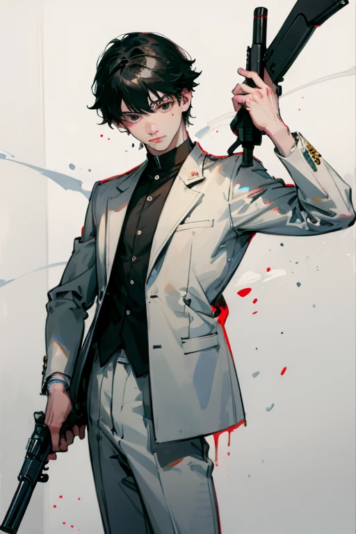  boy with black hair and gray eyes, dressed in a white suit splattered with blood and a gun pointed forward 