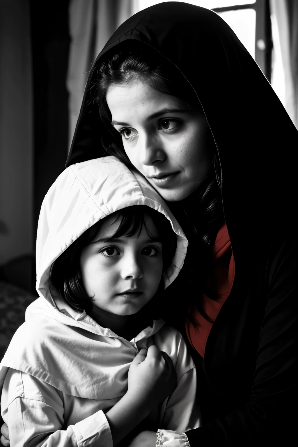black and white image, scared little red riding hood next to her grandmother.