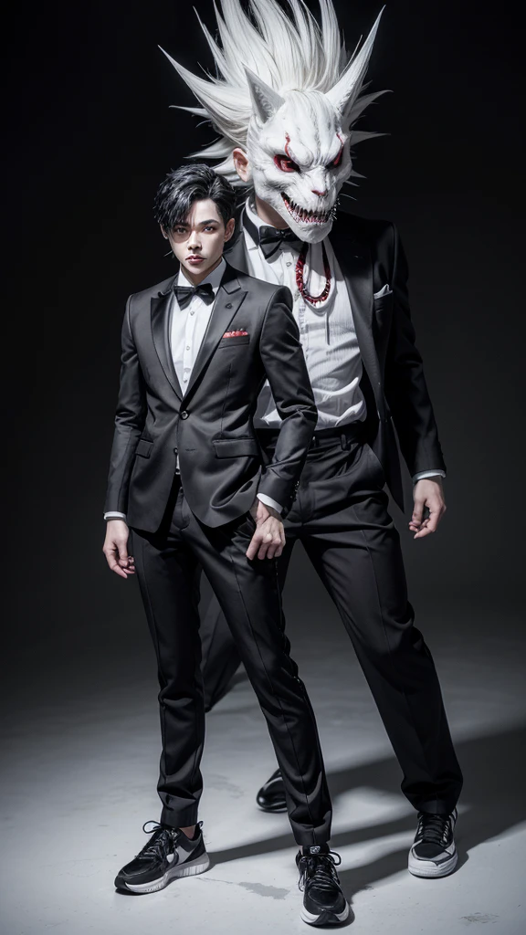 A literally white monster boy with spiky black hair, with a black Oni mask , wearing a black and gray suit with monster details, with a red glove on his right hand, with gray pants with black details and black sneakers, full bodied, full body view, full white background, highly detailed