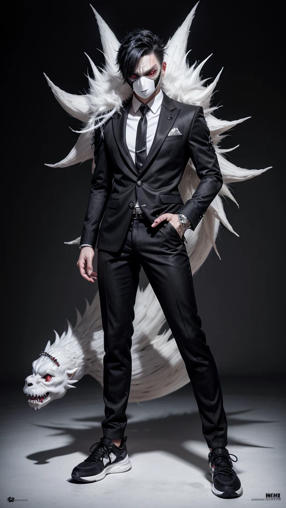 A literally white monster boy with spiky black hair, with a black Oni mask , wearing a black and gray suit with monster details, with a red glove on his right hand, with gray pants with black details and black sneakers, full bodied, full body view, full white background, highly detailed