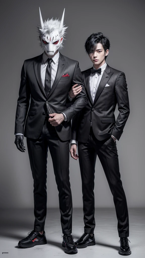 A literally white monster boy with spiky black hair, with a black Oni mask , wearing a black and gray suit with monster details, with a red glove on his right hand, with gray pants with black details and black sneakers, full bodied, full body view, full white background, highly detailed