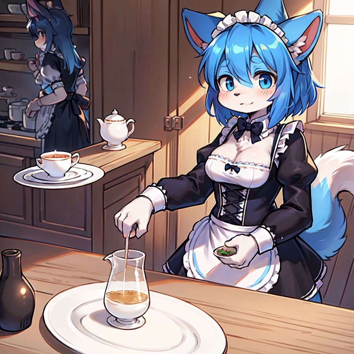 1 Hairy, hairy woman, standing alone, whole body, Dog Varieties Holland Lop, Circular Dog Tail, Blue Dog Tail, dog ears, long blue hair, dressed in maid outfit, black maid outfit, detailded, white bow tie on the neck, holding equipment for serving tea, Inside the house, present was