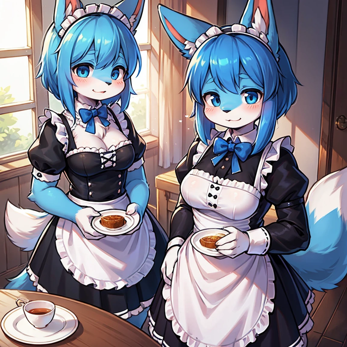 1 Hairy, hairy woman, standing alone, whole body, Dog Varieties Holland Lop, Circular Dog Tail, Blue Dog Tail, dog ears, long blue hair, dressed in maid outfit, black maid outfit, detailded, white bow tie on the neck, holding equipment for serving tea, Inside the house, present was