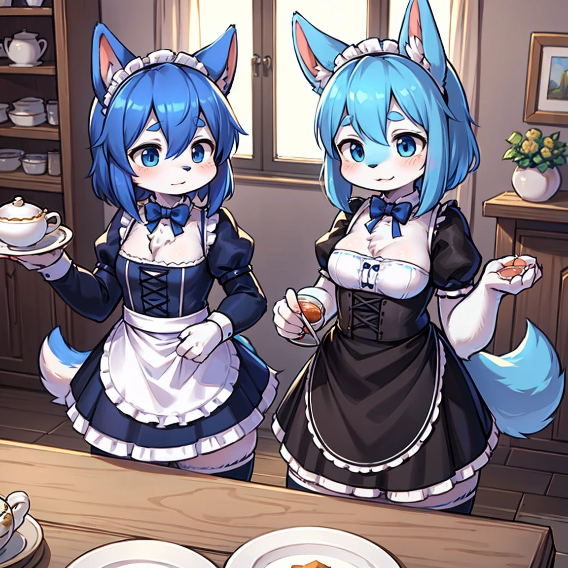1 Hairy, hairy woman, standing alone, whole body, Dog Varieties Holland Lop, Circular Dog Tail, Blue Dog Tail, dog ears, long blue hair, dressed in maid outfit, black maid outfit, detailded, white bow tie on the neck, holding equipment for serving tea, Inside the house, present was