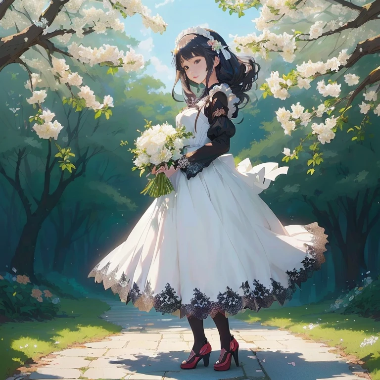 anime girl in white dress with flowers and black lace, a maid in a magical forest, loli in dress, guweiz on pixiv artstation, anime style 4 k, beautiful anime, rin, official artwork, beautiful anime art, guweiz on artstation pixiv, official art, anime art wallpaper 8 k, beautiful anime artwork, guweiz