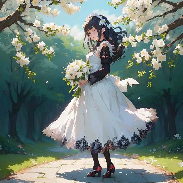 anime girl in white dress with flowers and black lace, a maid in a magical forest, loli in dress, guweiz on pixiv artstation, anime style 4 k, beautiful anime, rin, official artwork, beautiful anime art, guweiz on artstation pixiv, official art, anime art wallpaper 8 k, beautiful anime artwork, guweiz