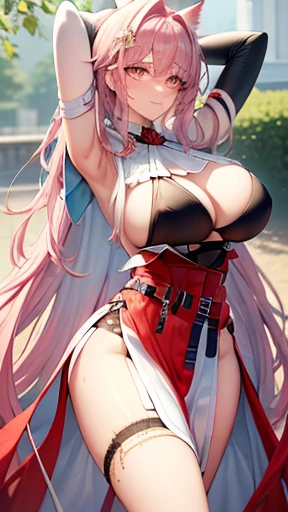 masterpiece, Highest quality:1.2),8K, 4K High Resolution, Super detailed, High-quality texture,High detail, High Quality Shadows, Beautiful and delicate face down to the last detail, Beautiful and delicate eyes、One Woman, alone、Very large breasts、Very large breasts、Very thick legs that make the chest very large、Are standing、Composition from the front、Look forward、Stand up straight,Looking into the camera、Draw a face、Depth of written boundary、smile、Show your armpits、Armpits Hands behind head