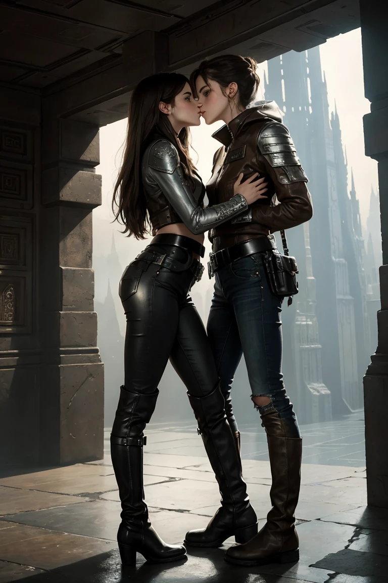 masterpiece. detailed epic fantasy oil painting. 4k. dark ambient. A beautiful two twins s Emma Watson. sparkly brown eyes. athletic. silver belt, boots. stylish leather costume, ripped latex jeans. tactical boots. summer heat. leaning on wall in spaceship. . intricate spaceship interior, maze, Beksinski, Luis Royo style. Background her twin sister. hug, gently looking at each other. cute kiss on cheek. corresponded kiss on cheek.