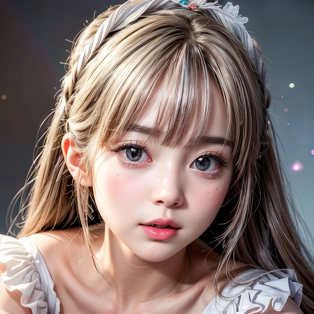 NSFW, 8k, High-level, absurd, masterpiece, best quality, primitive, very detailed CG, very detailed wallpaper, perfect lighting, Extremely detailed (((The personifying " Marie Antoinette " as a Little Girl))), MysticSight, Tyndall effect, Tyndall scattering, Studio gray background with (many Dazzling RainbowColor particles BokeH:1.28), (RoundlyButts, ThighGap), (Exposed:0.4), (Assfocus with looking ahead), BREAK (NOGIZAKA face variations) Extremely Detailed very KAWAII face variations, perfect anatomy, Childish, captivating gaze, elaborate detailed Eyes with (sparkling highlights:1.28), long eyelashes、Glossy RED Lips with beautiful details, Coquettish tongue, Rosy cheeks, Radiant PearlSkin with clear transparency . { (Dynamic LifeLike expressions:1.4) | :d) }, (large eyes:-1) .