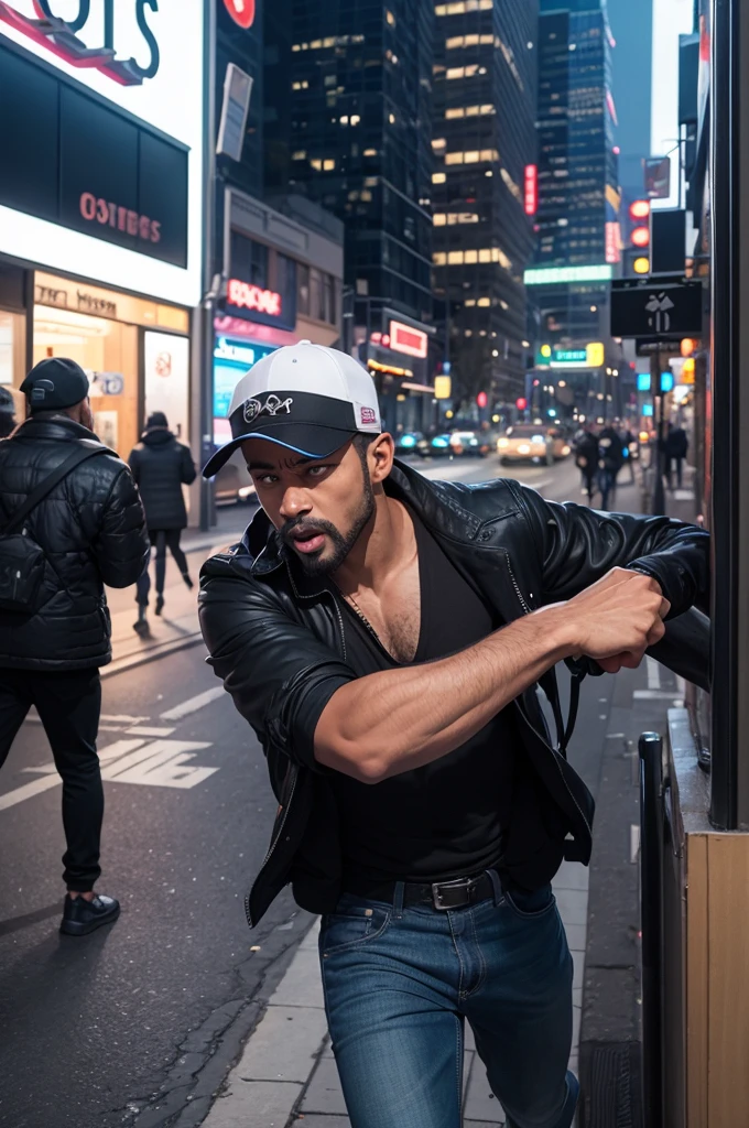Creates an image of a man being robbed in the city