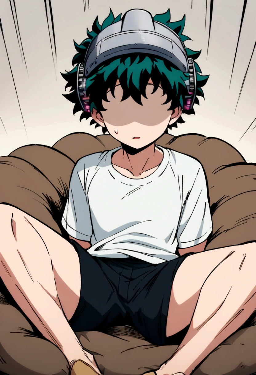(masterpiece, best quality:1.2), solo, male focus, 1boy, midoriya izuku, short green hair, green eyes, white t-shirt, black shorts, domed helmet with visor covering eyes, mind control device, blank eyes, mouth hanging open, sitting in bean bag, sitting upright, arms hanging loosely at sides, anime style, my hero academia style