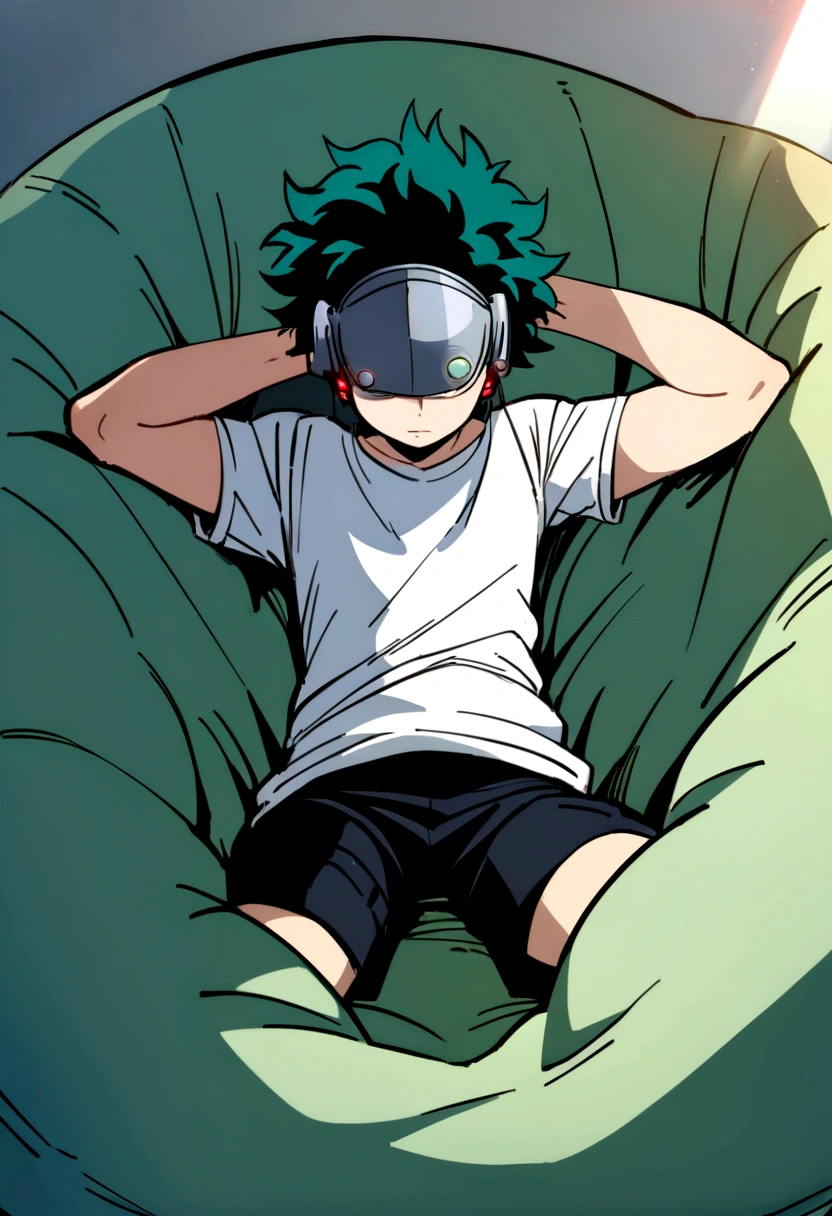 (masterpiece, best quality:1.2), solo, male focus, 1boy, midoriya izuku, short green hair, green eyes, white t-shirt, black shorts, domed helmet with visor covering eyes, mind control device, blank eyes, mouth hanging open, sitting in bean bag, sitting upright, arms hanging loosely at sides, anime style, my hero academia style