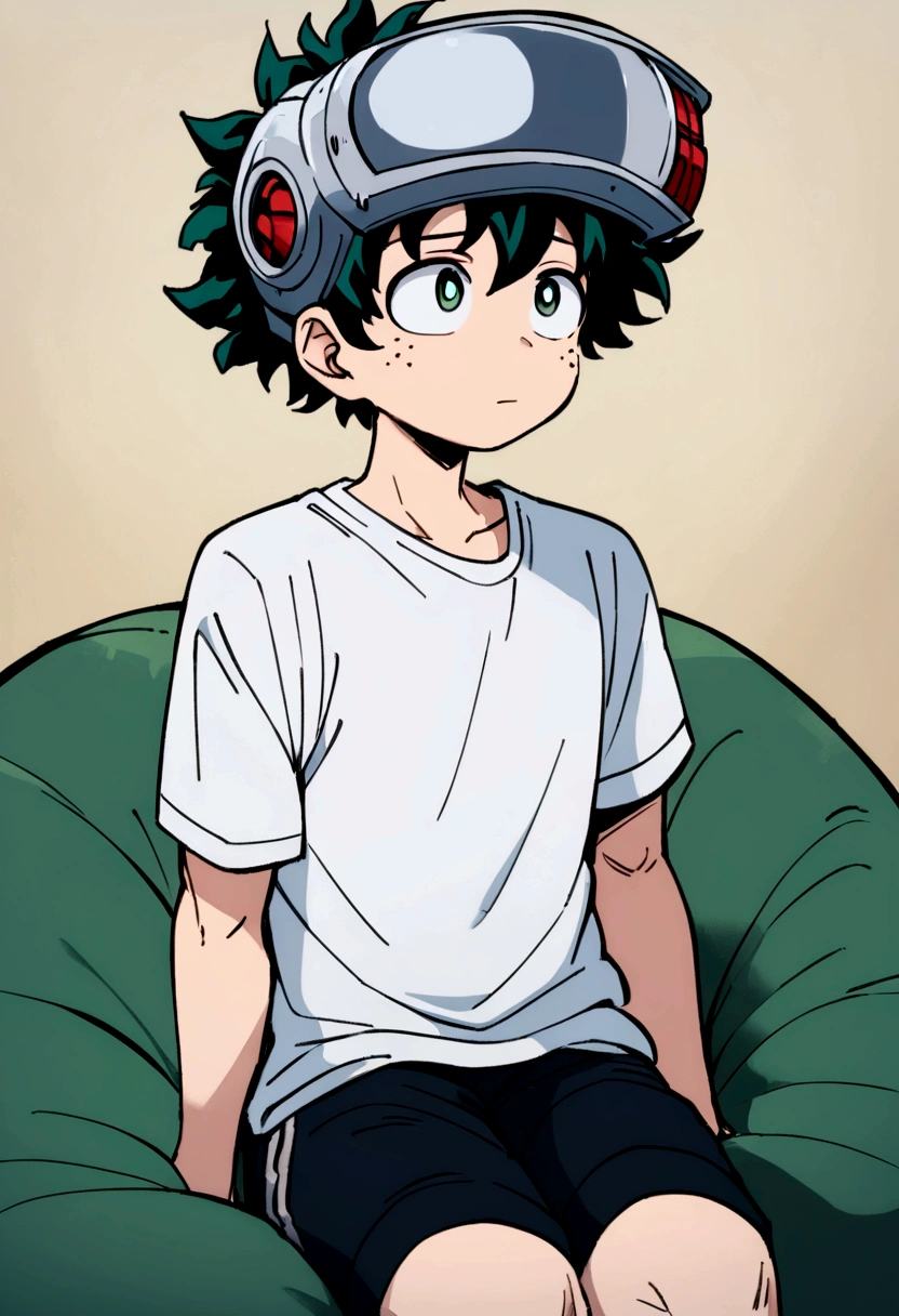 (masterpiece, best quality:1.2), solo, male focus, 1boy, midoriya izuku, short green hair, green eyes, white t-shirt, black shorts, domed helmet with visor covering eyes, mind control device, blank eyes, mouth hanging open, sitting in bean bag, sitting upright, arms hanging loosely at sides, anime style, my hero academia style