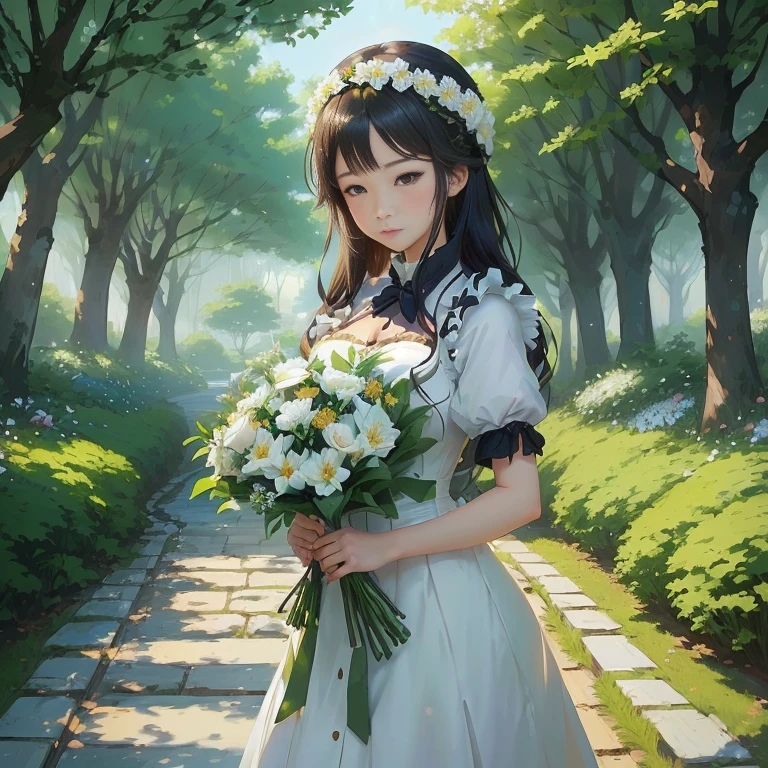 anime girl in white dress holding a bouquet of flowers in a park, a maid in a magical forest, guweiz, guweiz on pixiv artstation, artwork in the style of guweiz, guweiz on artstation pixiv, guweiz masterpiece, with flowers, she is the center of the garden, anime moe artstyle
