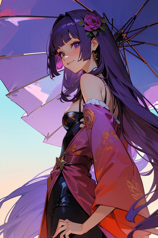 Face close-up、1 Girl, Blunt bangs, Wide sleeves, hair ornaments,Swimwear、(Purple Hair:1.2), Very long hair, Straight hair, Looking at the audience, Highly detailed background, (Realistic:1.2), Beautiful Eyes, Red eyeshadow, Written boundary depth,thigh, (Urzan-6500:0.7), Upper Body, (alone:1.2), Cleavage, Shiny skin、Hair blowing in the wind、Four fingers, One thumb、Rose、Floral pattern on clothes、drink alcohol、Please put your hands on your hips、Face close-up、close、Stick your butt out、Laugh gently、Swimwear、A kind smile、front、