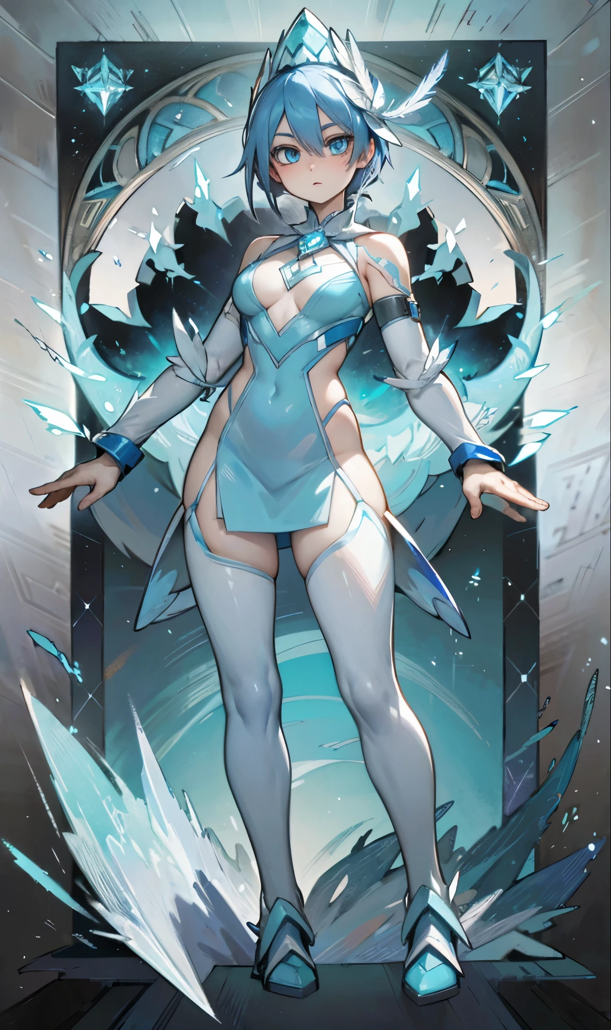 (high-res, vivid colors), blue bird alien, detailed feathers, sparkling eyes, alien landscape, vibrant colors, surreal atmosphere, glowing lights, otherworldly features, intricate patterns, dreamlike scenery, Arctic Frost Ranger: A suit featuring icy blue and frosty white hues, accented with snowflake patterns and frost crystals. This Ranger commands the power of ice and cold, with abilities such as creating blizzards, forming ice constructs for defense, and freezing enemies in their tracks.