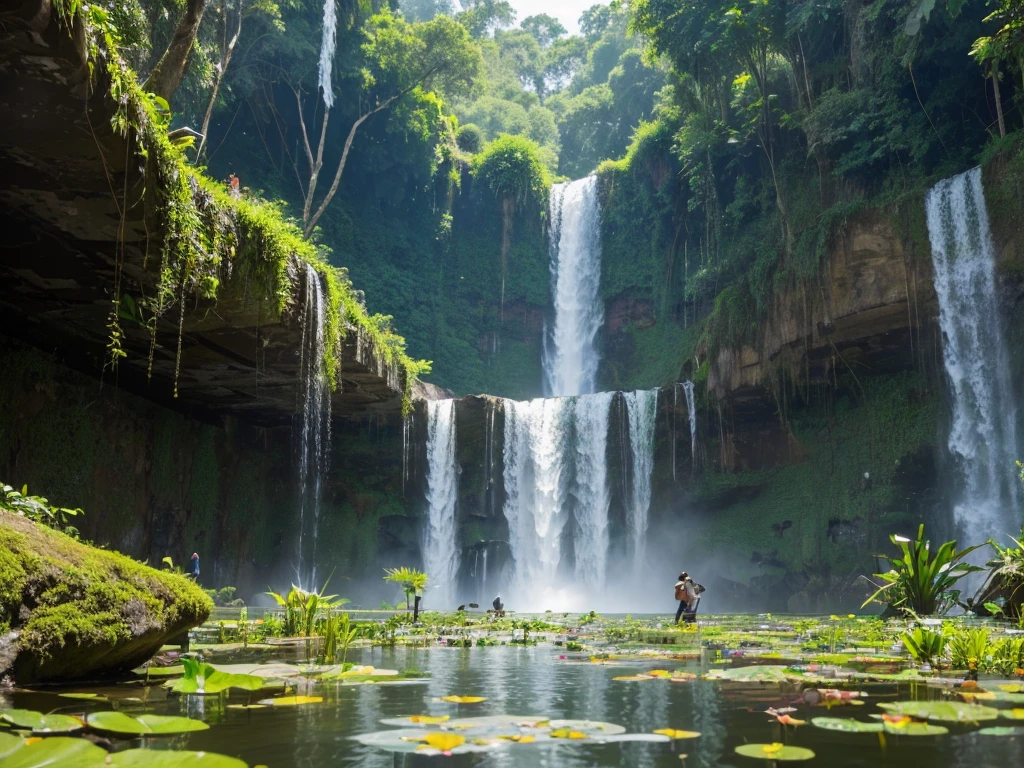 ((Top Quality)),((Excellent)),((High Resolution)),Ancient ruins found deep in the jungle,There is a large waterfall,Aquatic plants are floating in the pond,