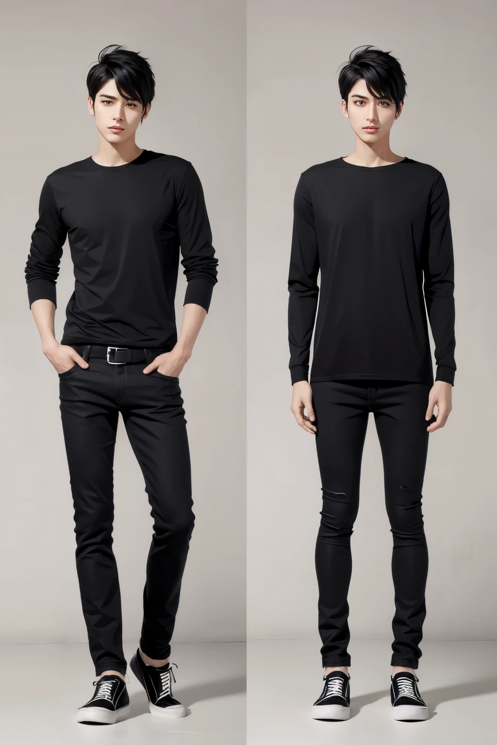 Make an image of a male character, with a thin body, fair skin, black hair, black eyes, dark circles, black long-sleeved shirt, jeans, black shoes, Cartoon network style.