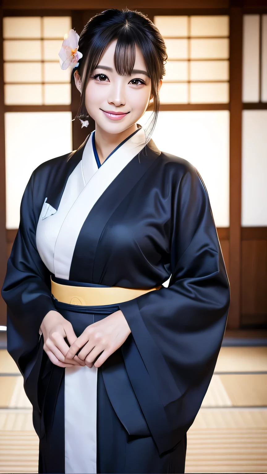 (Super beautiful woman in kimono)、((highest quality、8K masterpiece:1.3))、sharp focus:1.2、(super beautiful face:1.0)、(shiny skin:1.0)、realistic pictures、black hair、video lighting、High resolution eyes and face、video lighting、japanese actress、from the front、with a happy smile、whole body、wearing a kimono、in Kyoto、(luxury obi)、Brush your hair up with your fingers.