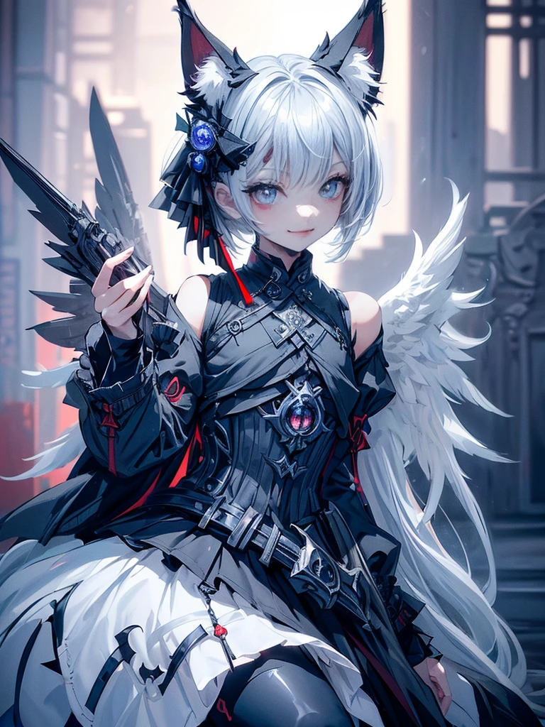 ((4K Works))、masterpiece、(Highest quality)、((high resolution))、((Beautiful woman))、The body is slim、((Black shirt fashion))、(Beautiful eyes in every detail)、A crow with a fantastic city in the background、((Similar to Chaewon from Le Seraphim))、((Short-haired))、((Light silver hair))、((Makes your face smaller))、((Neutral face))、((Bright Blue Eyes))、((Korean women))、((18-year-old))、((Wild Lady))、((Wild look))、((Laughing with fangs bared))、((Korean style makeup with black eyeshadow))、((elongated and sharp eyes))、((Shot alone))、((fallen Angel))、((fallen Angel Woman))、fallen Angelの写真、Villain、((Amazing photo))、Photograph so that the whole body is visible、Horror、((There is a crow on the right shoulder))、Dark Proof、((Shooting from an oblique angle))、In a completely different expression