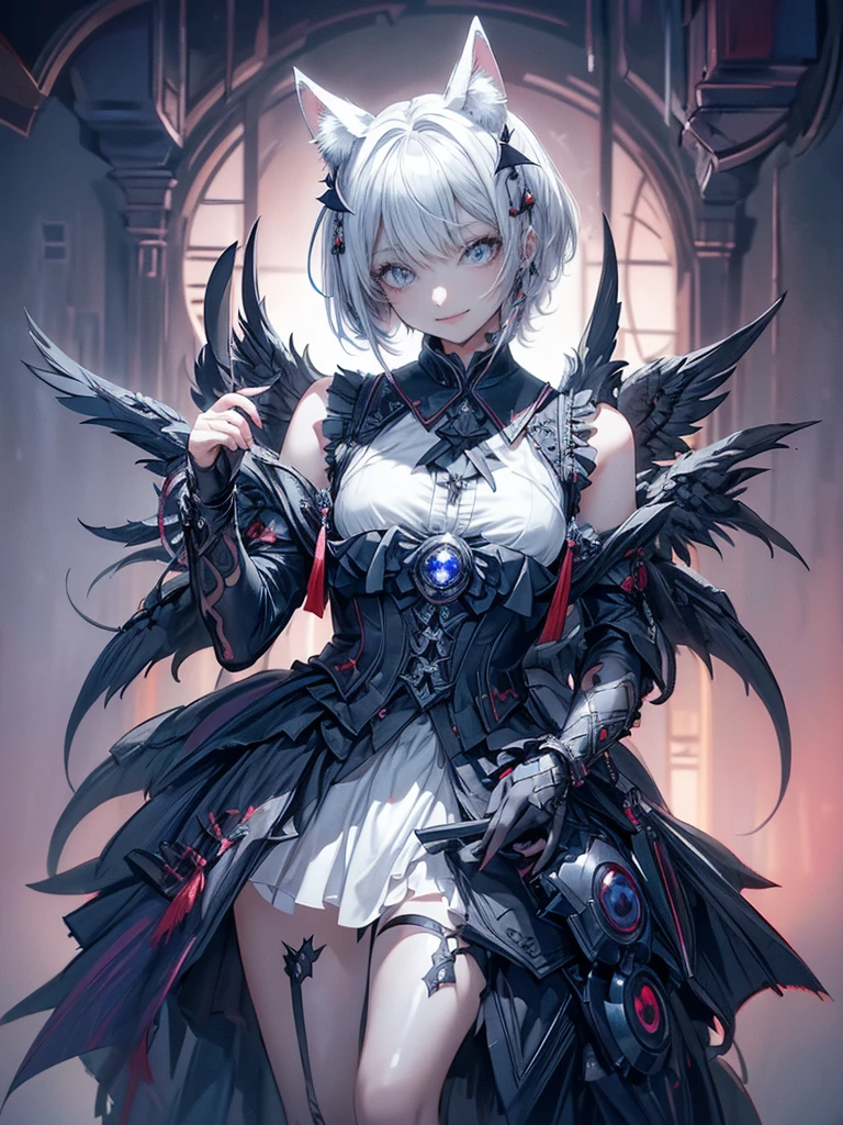 ((4K Works))、masterpiece、(Highest quality)、((high resolution))、((Beautiful woman))、The body is slim、((Black shirt fashion))、(Beautiful eyes in every detail)、A crow with a fantastic city in the background、((Similar to Chaewon from Le Seraphim))、((Short-haired))、((Light silver hair))、((Makes your face smaller))、((Neutral face))、((Bright Blue Eyes))、((Korean women))、((18-year-old))、((Wild Lady))、((Wild look))、((Laughing with fangs bared))、((Korean style makeup with black eyeshadow))、((elongated and sharp eyes))、((Shot alone))、((fallen Angel))、((fallen Angel Woman))、fallen Angelの写真、Villain、((Amazing photo))、Photograph so that the whole body is visible、Horror、((There is a crow on the right shoulder))、Dark Proof、((Shooting from an oblique angle))、In a completely different expression