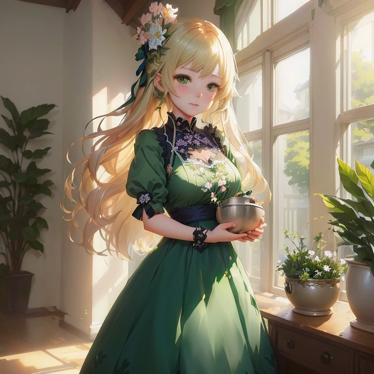 anime girl in green dress holding a pot of flowers in front of a window, cute anime waifu in a nice dress, loli in dress, shadowverse style, guweiz on pixiv artstation, artwork in the style of guweiz, guweiz on artstation pixiv, marin kitagawa fanart, cushart krenz key art feminine