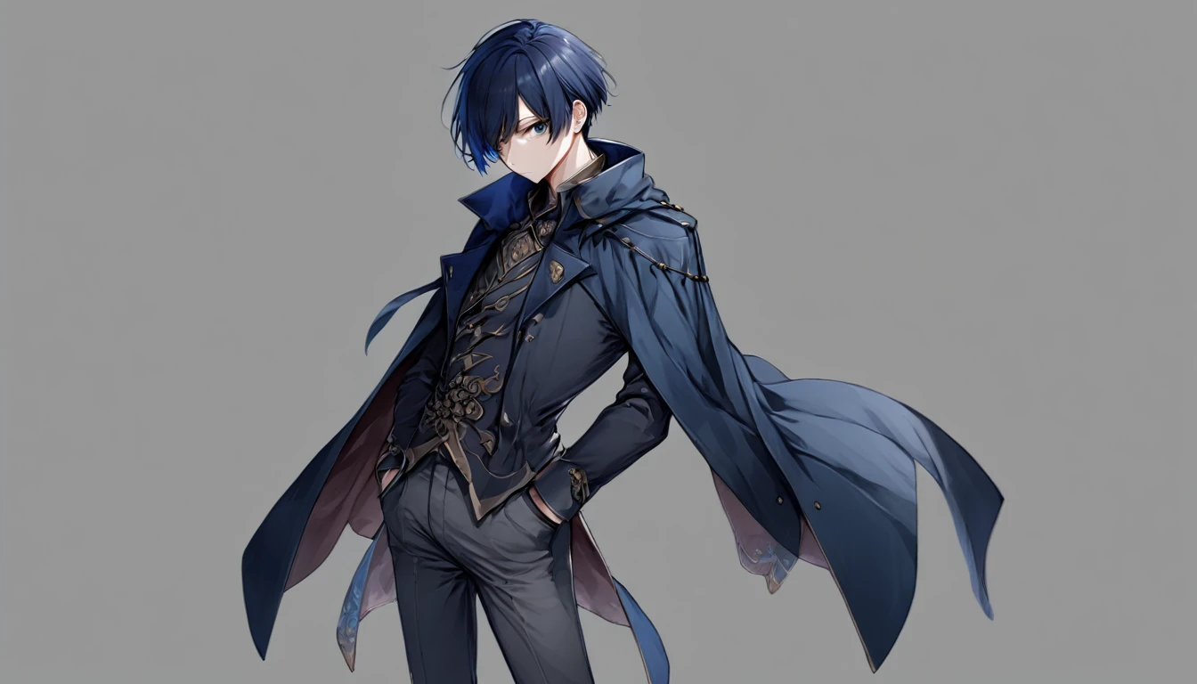Male, anime, hero, dark blue coat, short blue hair,standing pose, no background , high quality, dark grey pants, high resolution