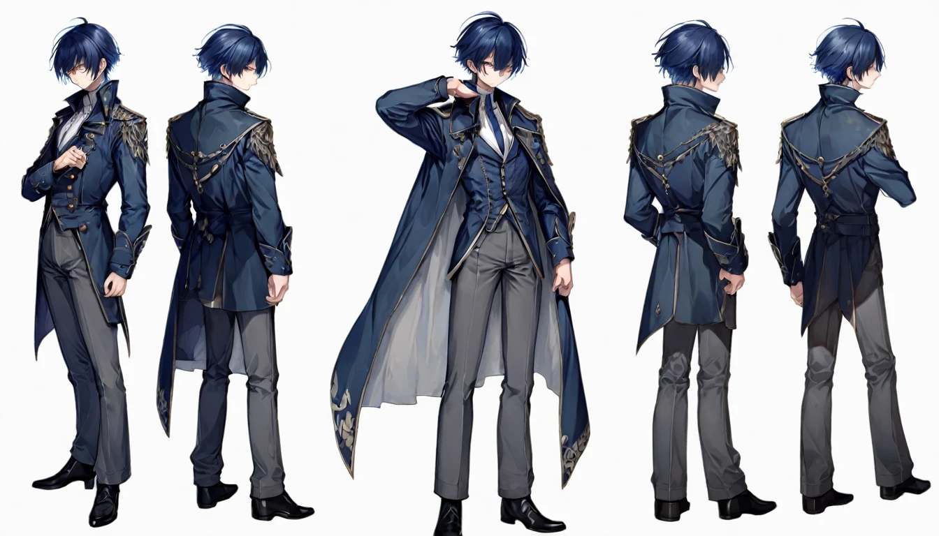 Male, anime, hero, dark blue coat, short blue hair,standing pose, no background , high quality, dark grey pants, high resolution