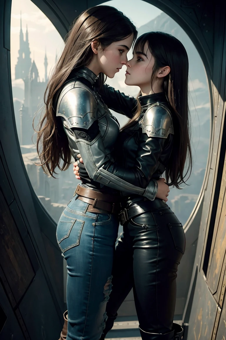 masterpiece. detailed epic fantasy oil painting. 4k. dark ambient. A beautiful two twins teens Emma Watson. sparkly brown eyes. athletic. silver belt, boots. stylish leather costume, ripped latex jeans. tactical boots. summer heat. leaning on wall in spaceship. . intricate spaceship interior, maze, Beksinski, Luis Royo style. Background her twin sister. hug, gently looking at each other. cute kiss on cheek. corresponded kiss on cheek.