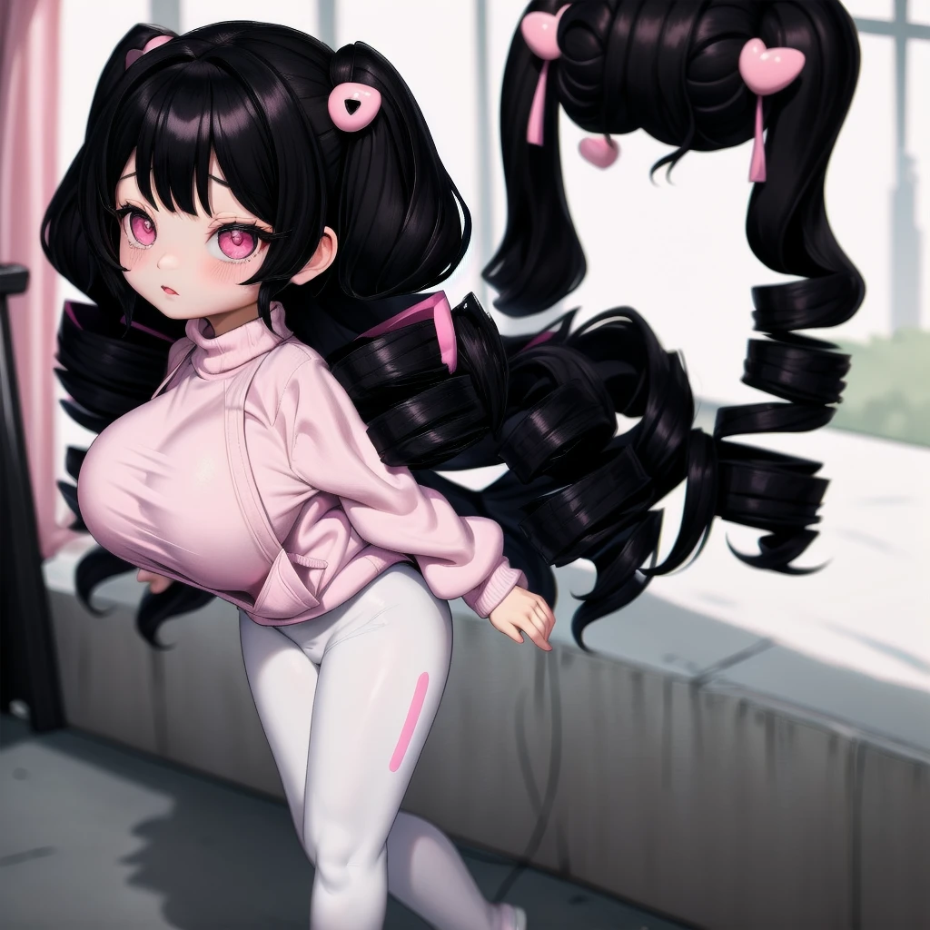 black hair, female, twin drills, solo, smol, pink eyes, massive breasts, very long hair, wear plain white sweater and leggings, masterpiece, ultra high quality