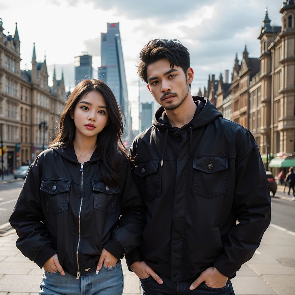 pasangan kekasih ras Indonesia wanita usia 25 tahun berwajah bersih dan laki-laki 28 tahun berwajah bersih , memakai baju couple jaket hitam  ,celana jeans ,memakai sepatu kets ,pose sedang berdiri full body ,latar belakang negara London Inggris dengan pemandangan yang indah  , realistis HD high-quality photography,high focus , long shoot, cinematic,100k