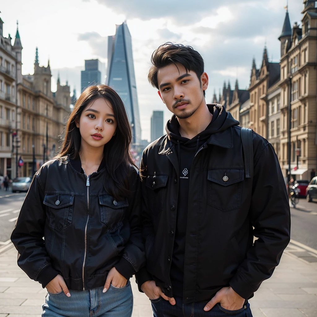 pasangan kekasih ras Indonesia wanita usia 25 tahun berwajah bersih dan laki-laki 28 tahun berwajah bersih , memakai baju couple jaket hitam ,celana jeans ,memakai sepatu kets ,pose sedang berdiri full body ,latar belakang negara London Inggris dengan pemandangan yang indah , realistis HD high-quality photography,high focus , long shoot, cinematic,100k